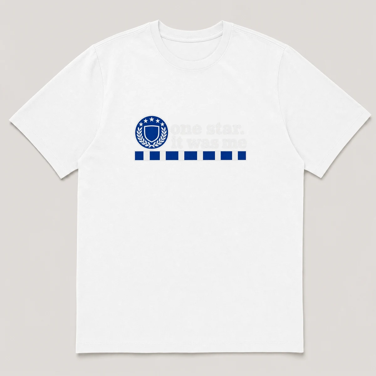 flat lay mockup of a heavyweight tee in black and white, front view, with the printed line one star. it was me across the chest, White front view