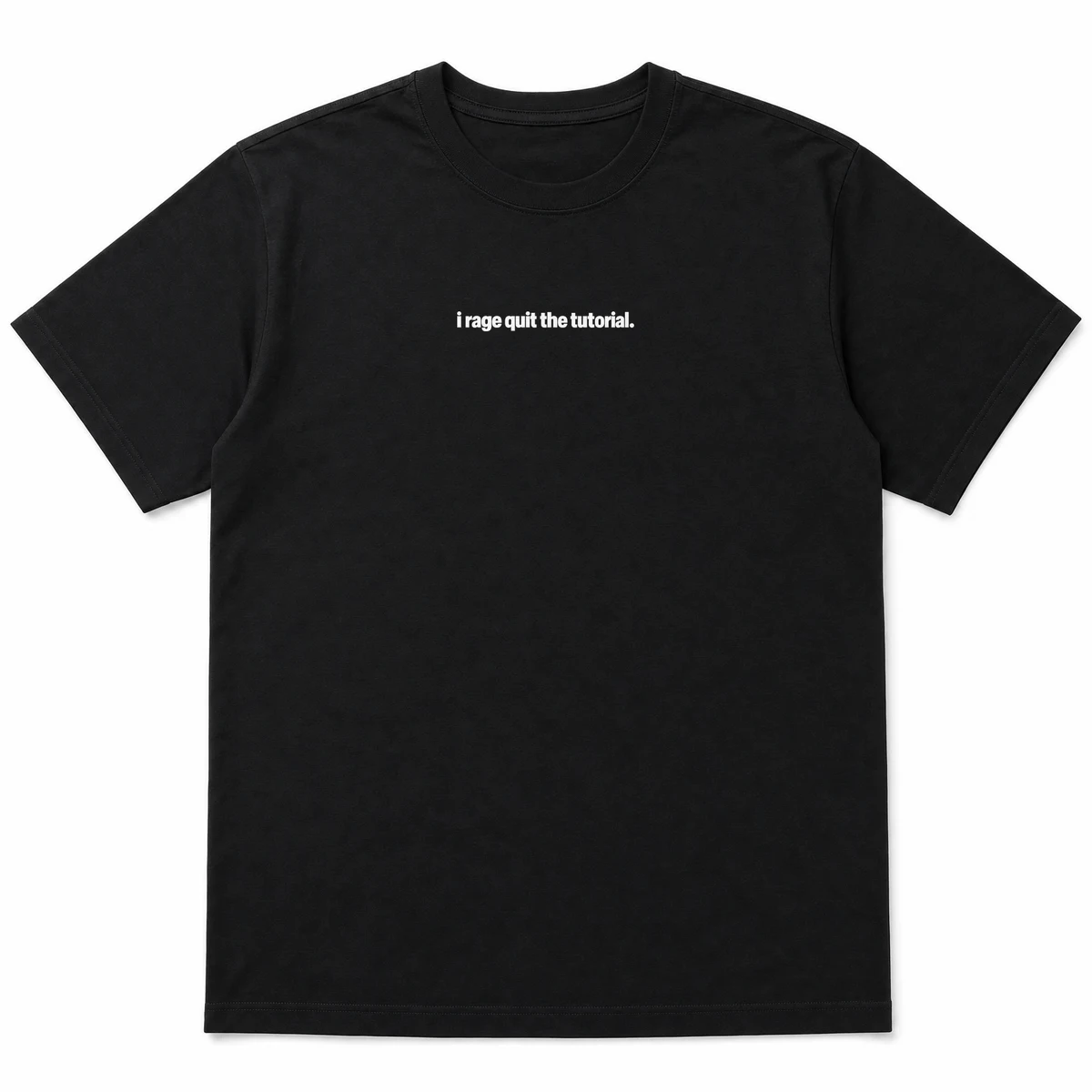 flat lay mockup of a heavyweight tee in black and white, front view, with the printed line i rage quit the tutorial across the chest, Black front view