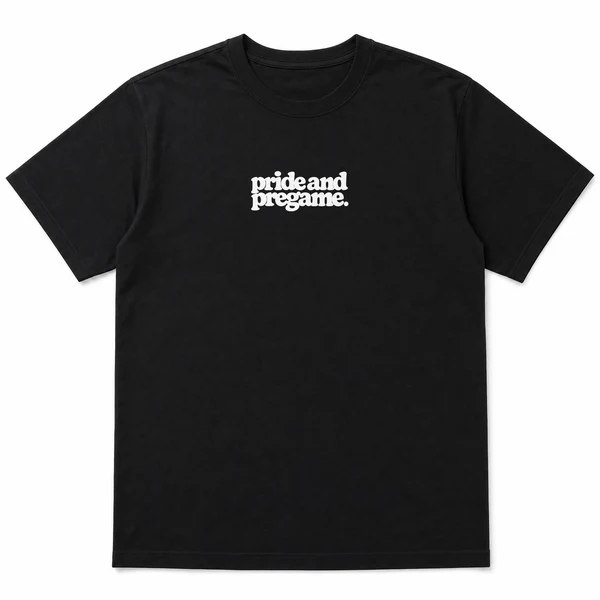 flat lay mockup of a heavyweight tee in black and white, front view, with the printed line pride and pregame across the chest