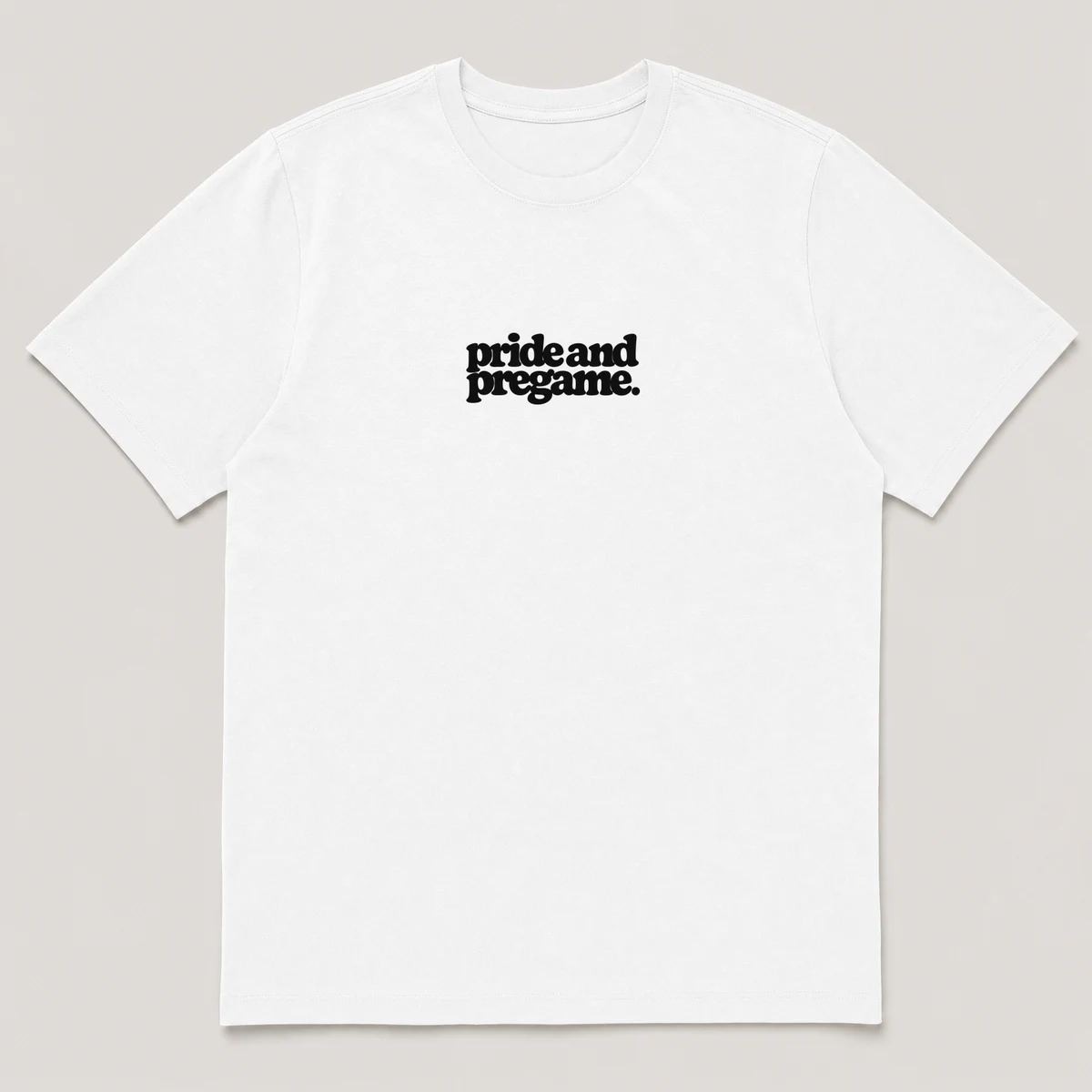flat lay mockup of a heavyweight tee in black and white, front view, with the printed line pride and pregame across the chest, White front view
