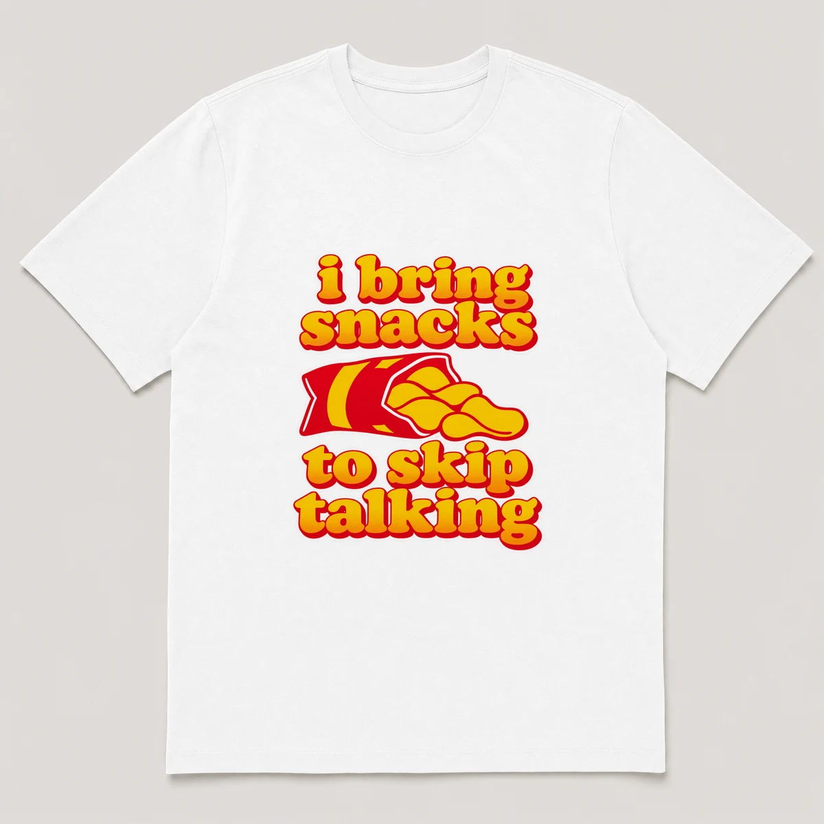 flat lay mockup of a heavyweight tee in black and white, front view, with the printed line i bring snacks to skip talking across the chest, White front view