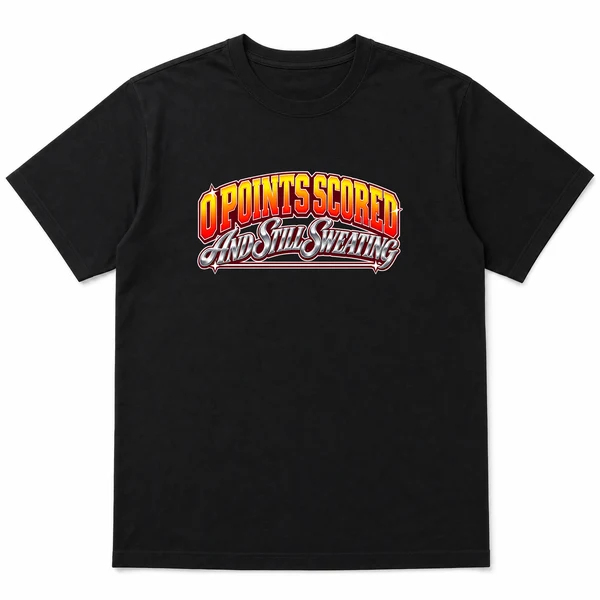 flat lay mockup of a heavyweight tee in black and white, front view, with the printed line 0 POINTS SCORED / AND STILL SWEATING across the chest