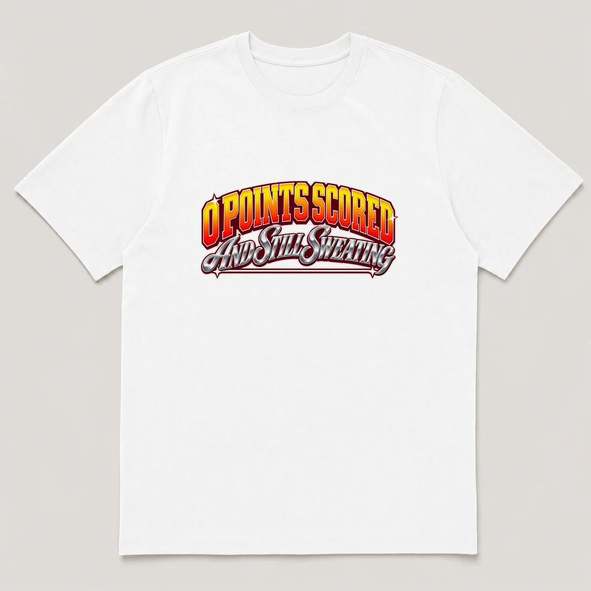 flat lay mockup of a heavyweight tee in black and white, front view, with the printed line 0 POINTS SCORED / AND STILL SWEATING across the chest, White front view